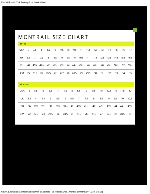 Shoe Size Chart - Montrail Download Pdf