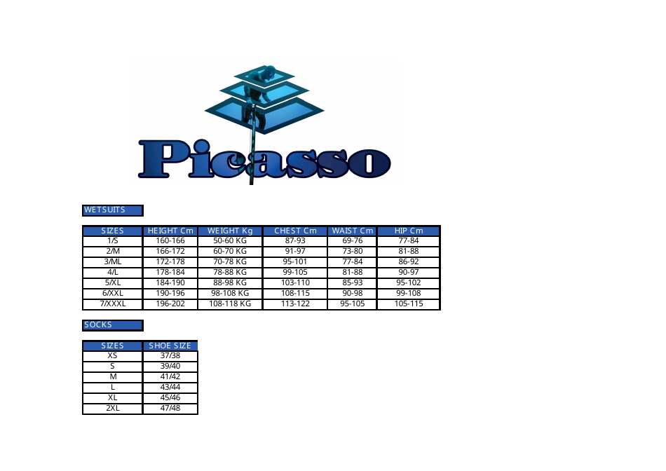 Wetsuit Size Chart - Picasso, Page 1