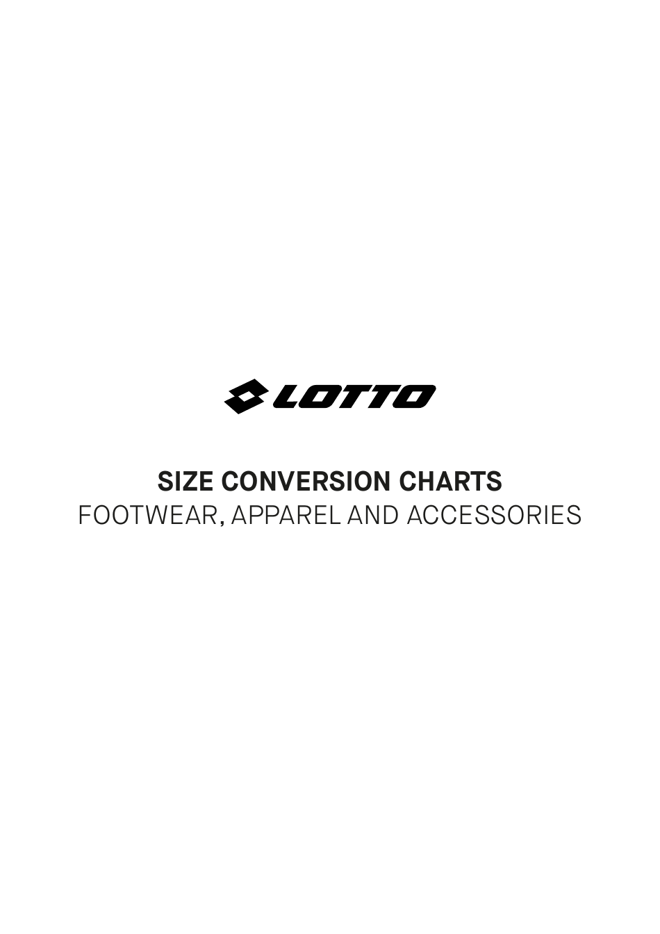 Tennis Footwear, Apparel and Accessories Size Conversion Charts - Lotto, Page 1