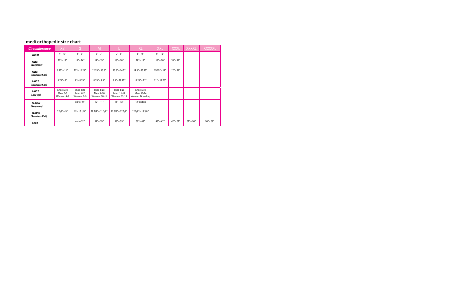 Orthopedic Size Chart - Medi, Page 1