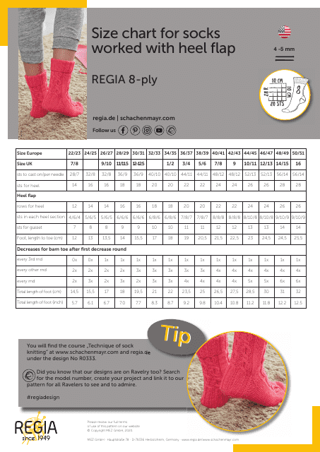 Heel Flap Socks Size Chart - 8-ply Download Pdf