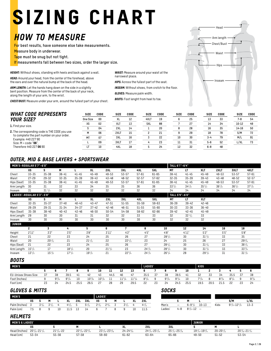 Outerwear and Sportswear Sizing Chart, Page 1