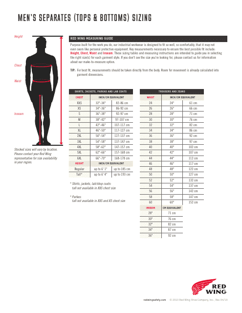 Men's Separates (Tops & Bottoms) Sizing Chart - Red Wing Download Pdf