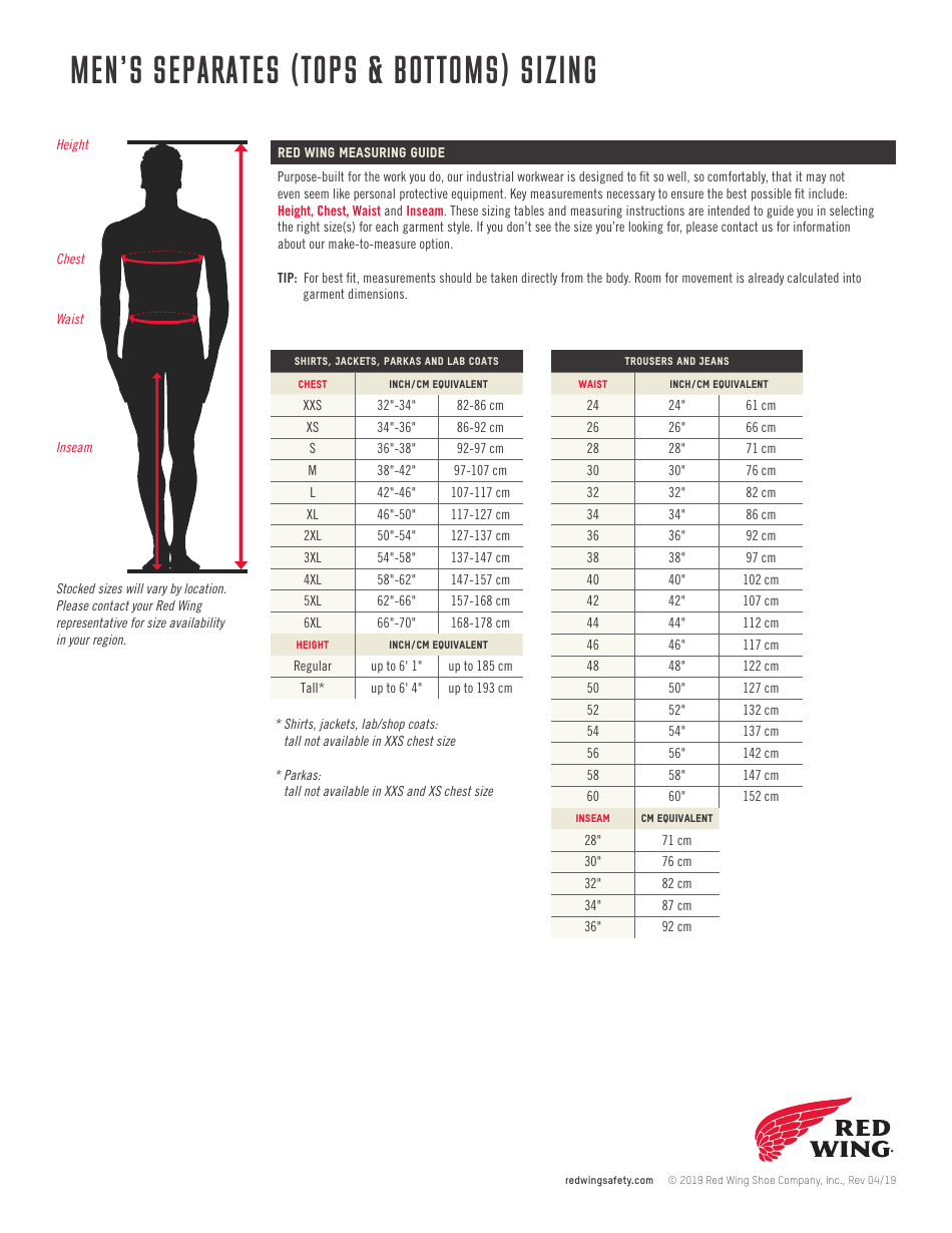 Men's Separates (Tops & Bottoms) Sizing Chart - Red Wing Download ...