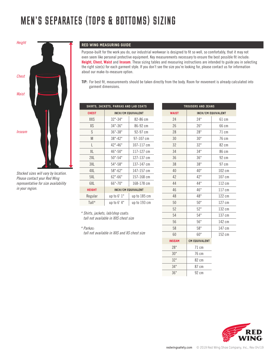 Mens Separates (Tops  Bottoms) Sizing Chart - Red Wing, Page 1