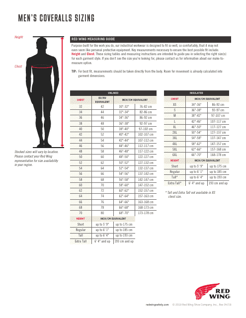 Men's Coveralls Sizing Chart - Red Wing Download Pdf