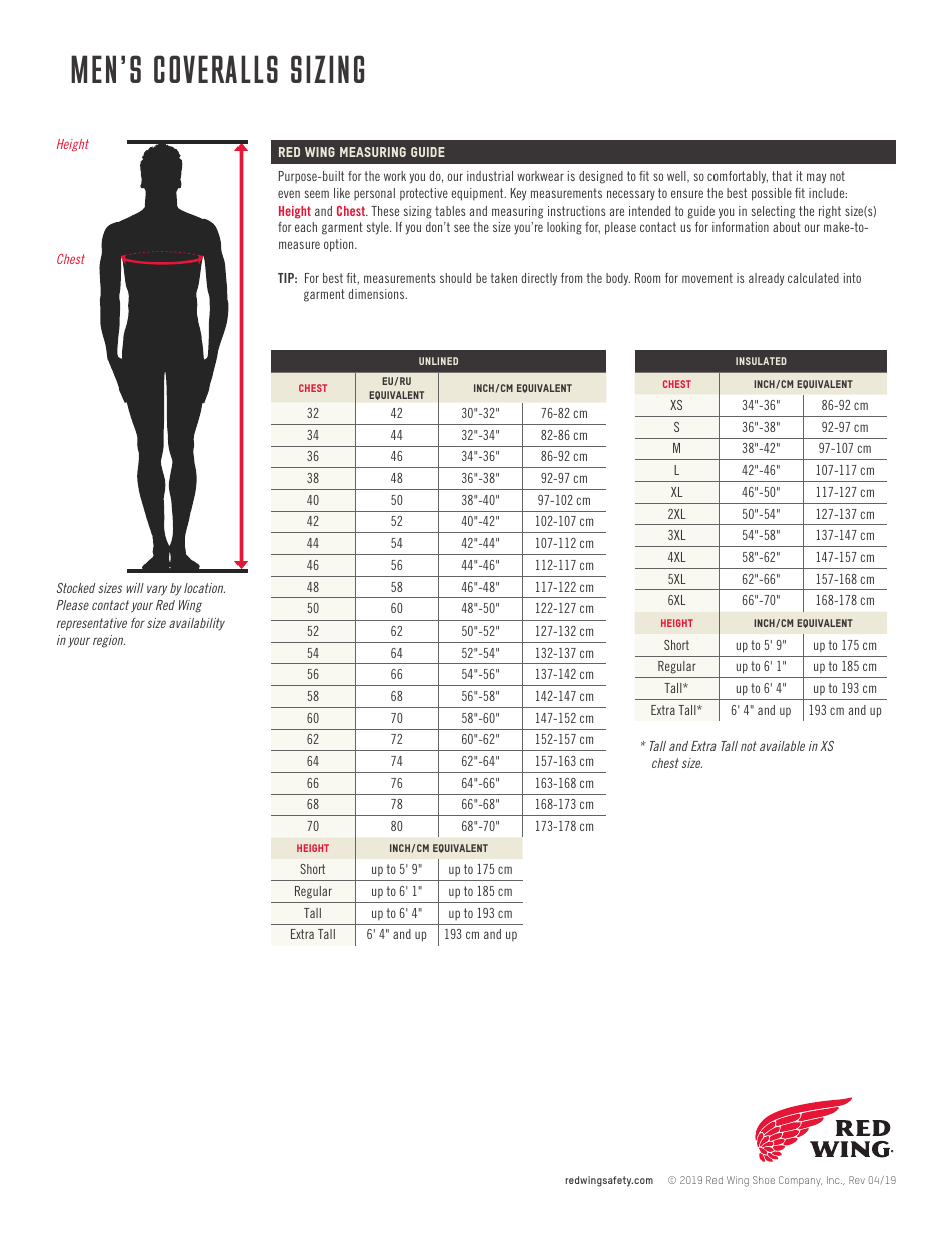 Men's Coveralls Sizing Chart - Red Wing Download Printable PDF ...