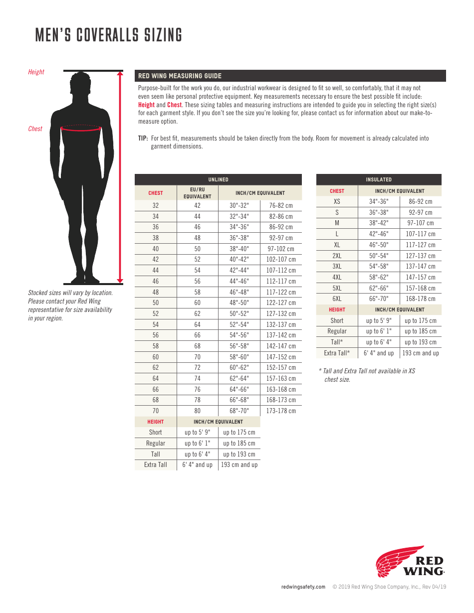 Mens Coveralls Sizing Chart - Red Wing, Page 1