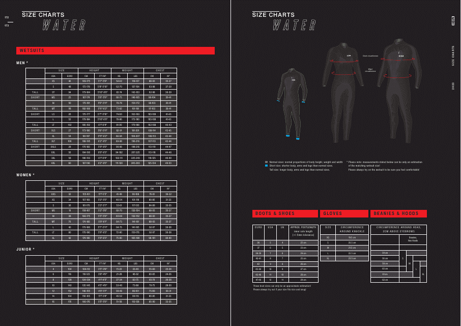 Diving Apparel and Equipment Size Charts
