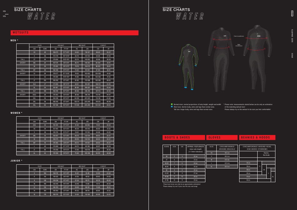 Diving Apparel and Equipment Size Charts Download Printable PDF ...