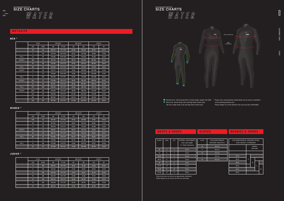 Diving Apparel and Equipment Size Charts, Page 1
