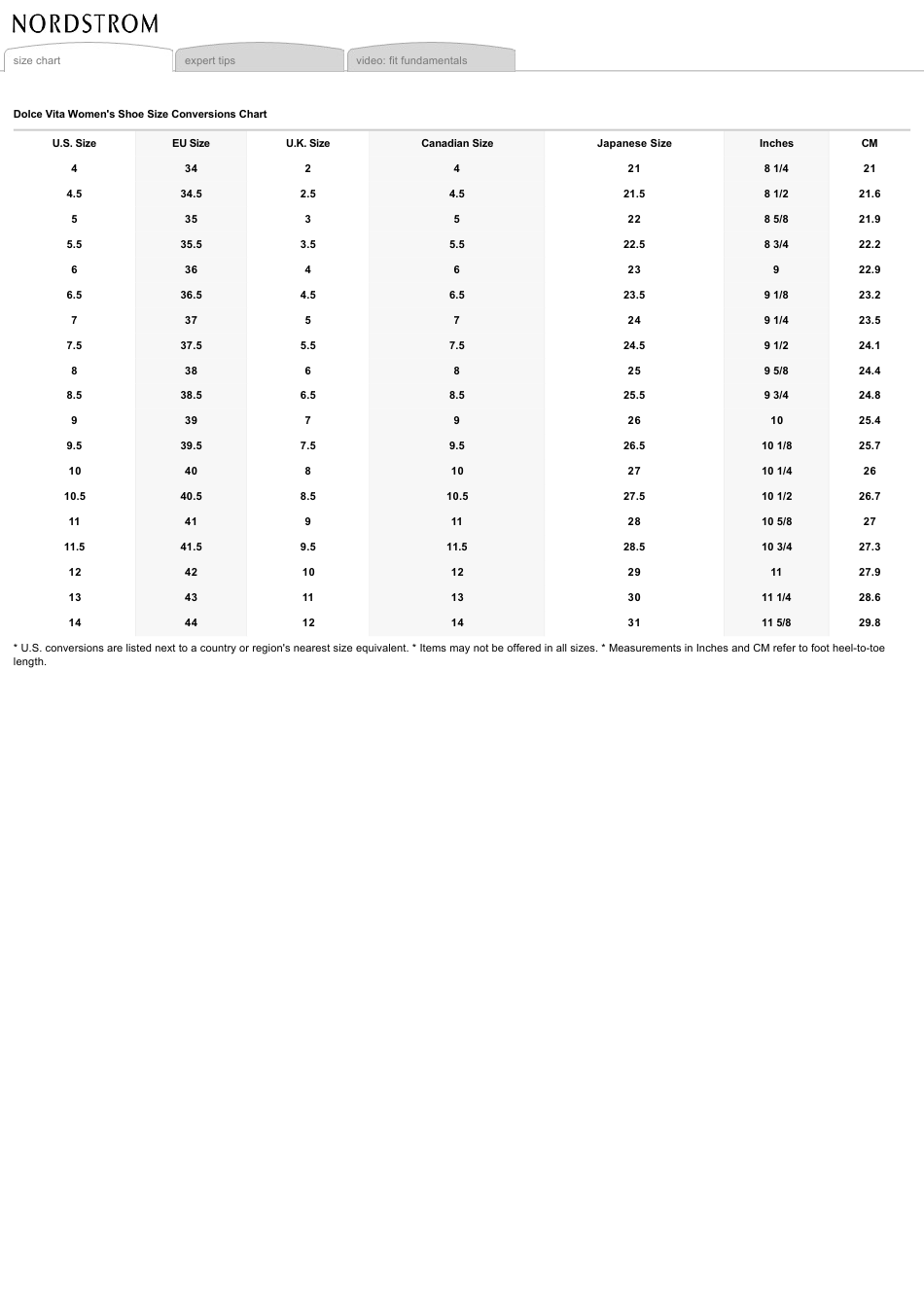 Women's Shoe Size Conversions Chart Dolce Vita Download Printable PDF