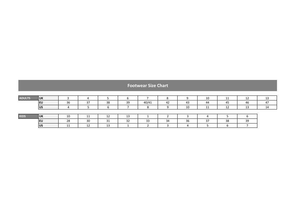 Footwear Size Chart Download Printable PDF | Templateroller