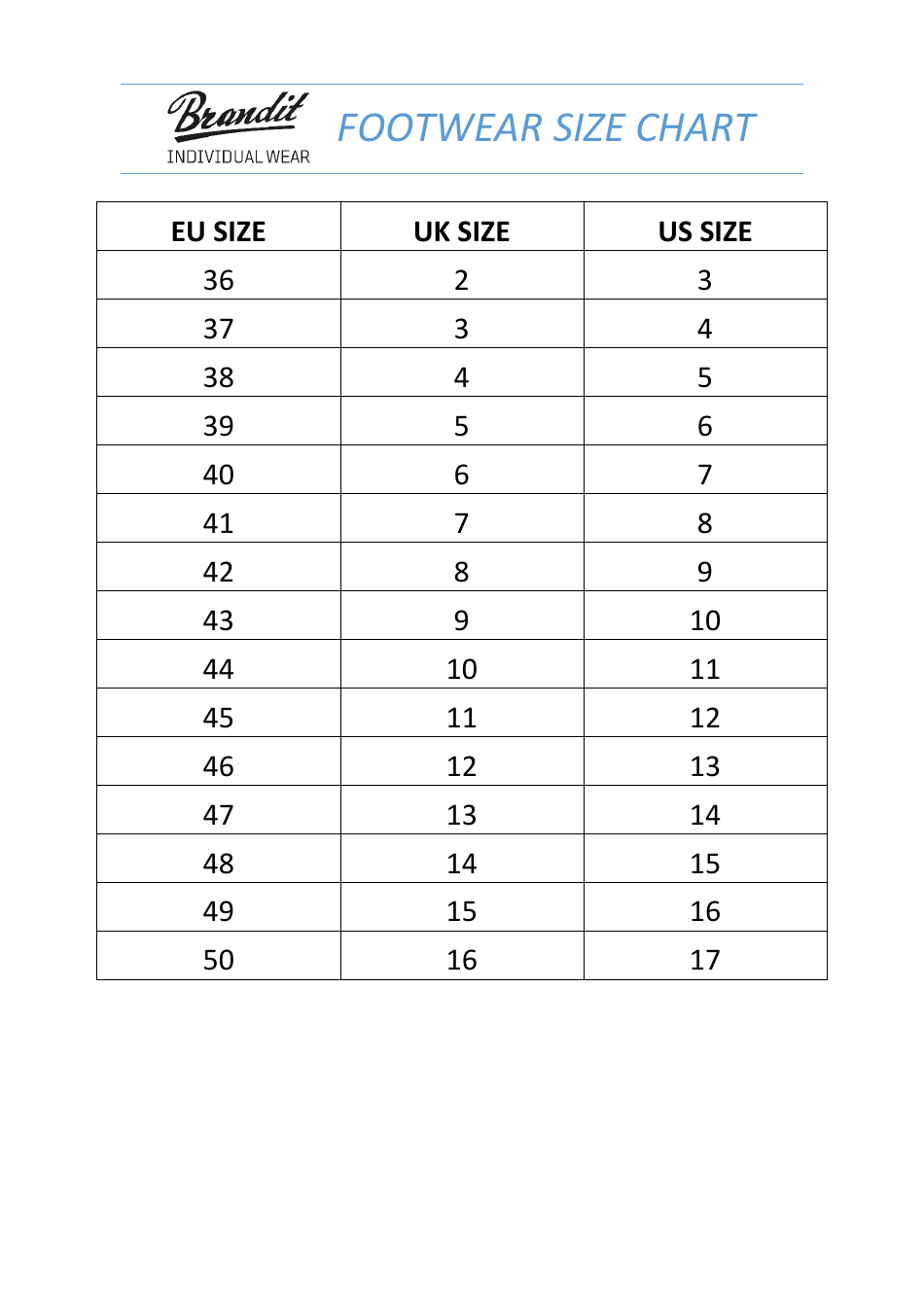 Footwear Size Chart - Brandit, Page 1