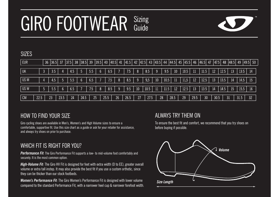 Bike Footwear Size Chart - Giro Download Printable PDF | Templateroller