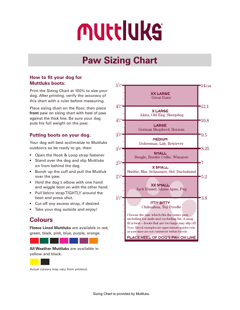 Dog's Paw Sizing Chart - Muttluks Download Pdf