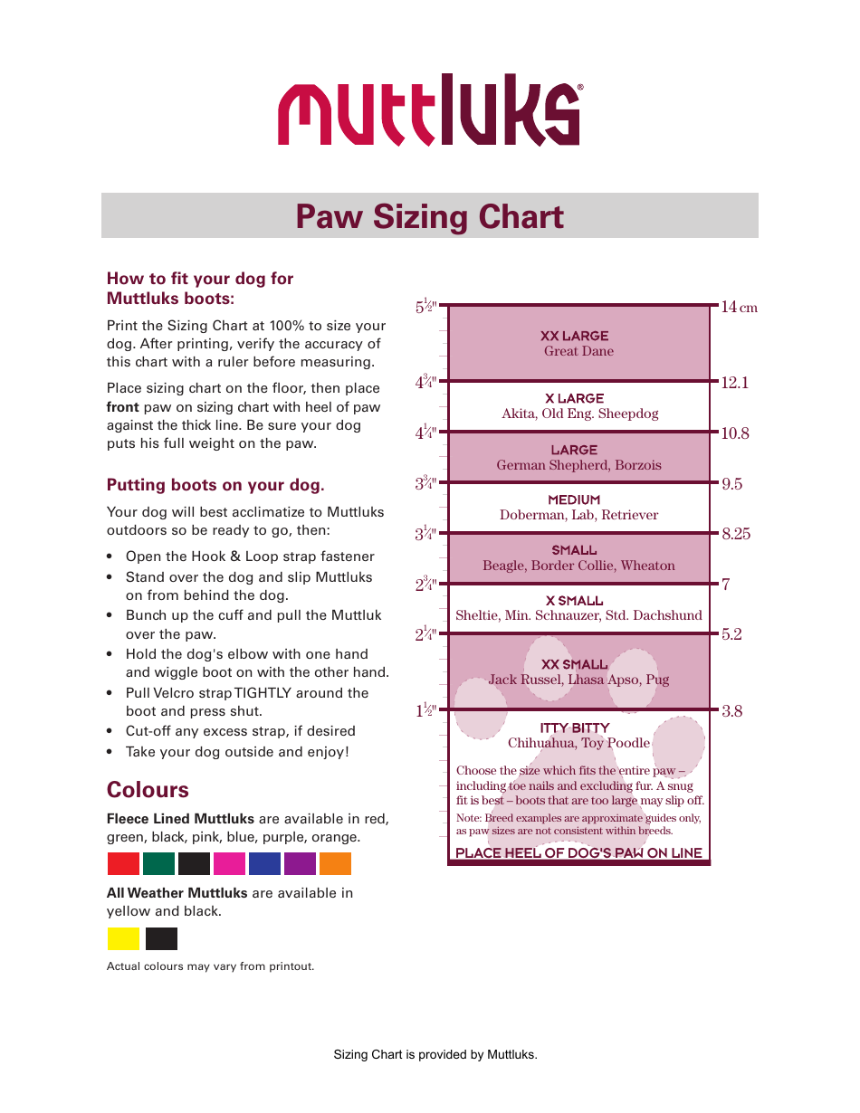 Dogs Paw Sizing Chart - Muttluks, Page 1