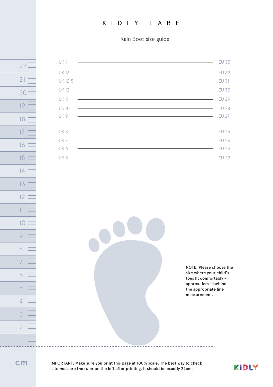 Children's Rain Boot Size Chart Kidly Download Printable PDF