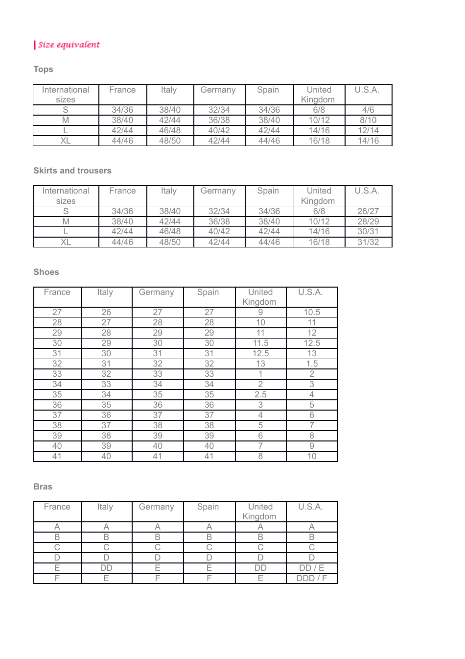 Size Equivalent Table, Page 1