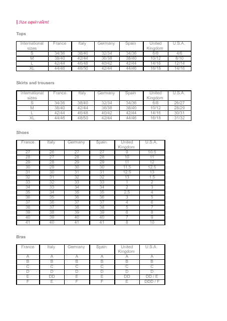 Size Equivalent Table