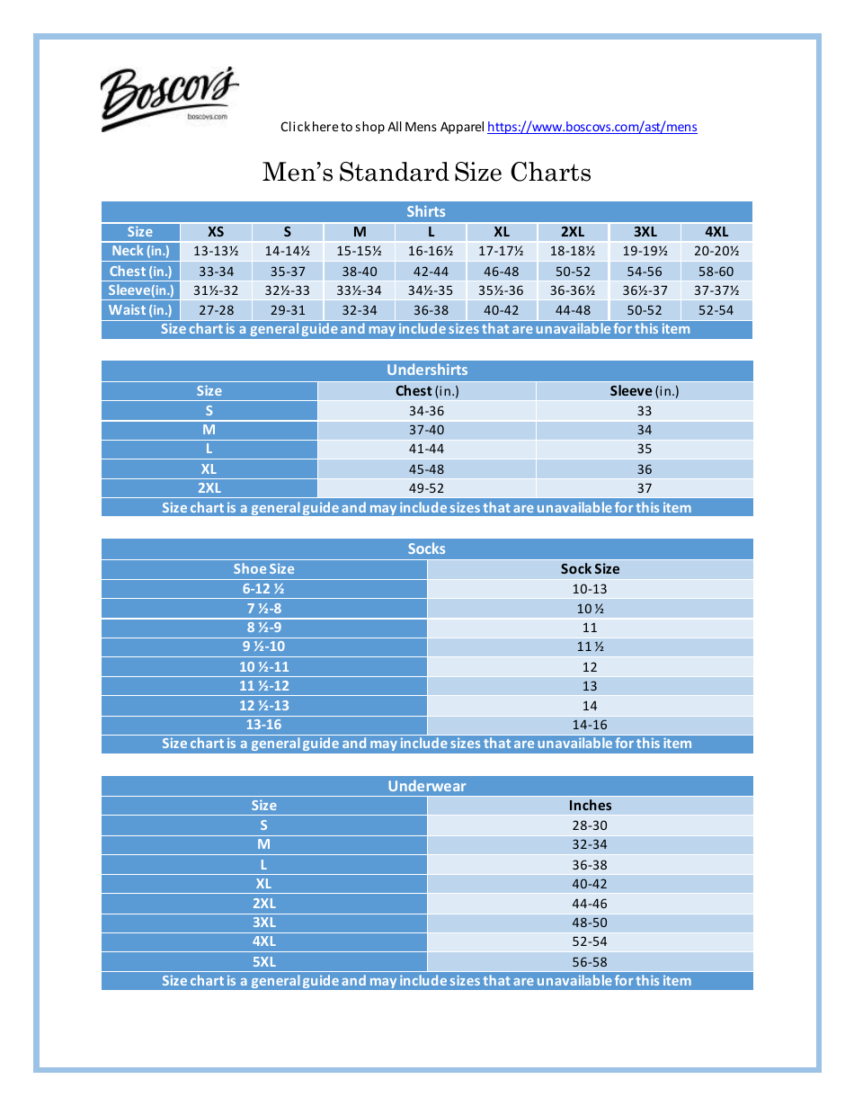 Mens Standard Size Charts, Page 1