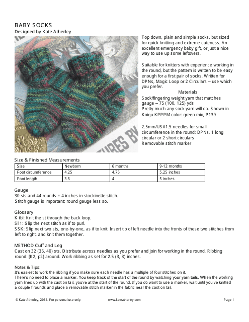 Baby Socks Knitting Pattern - Kate Atherley Download Pdf
