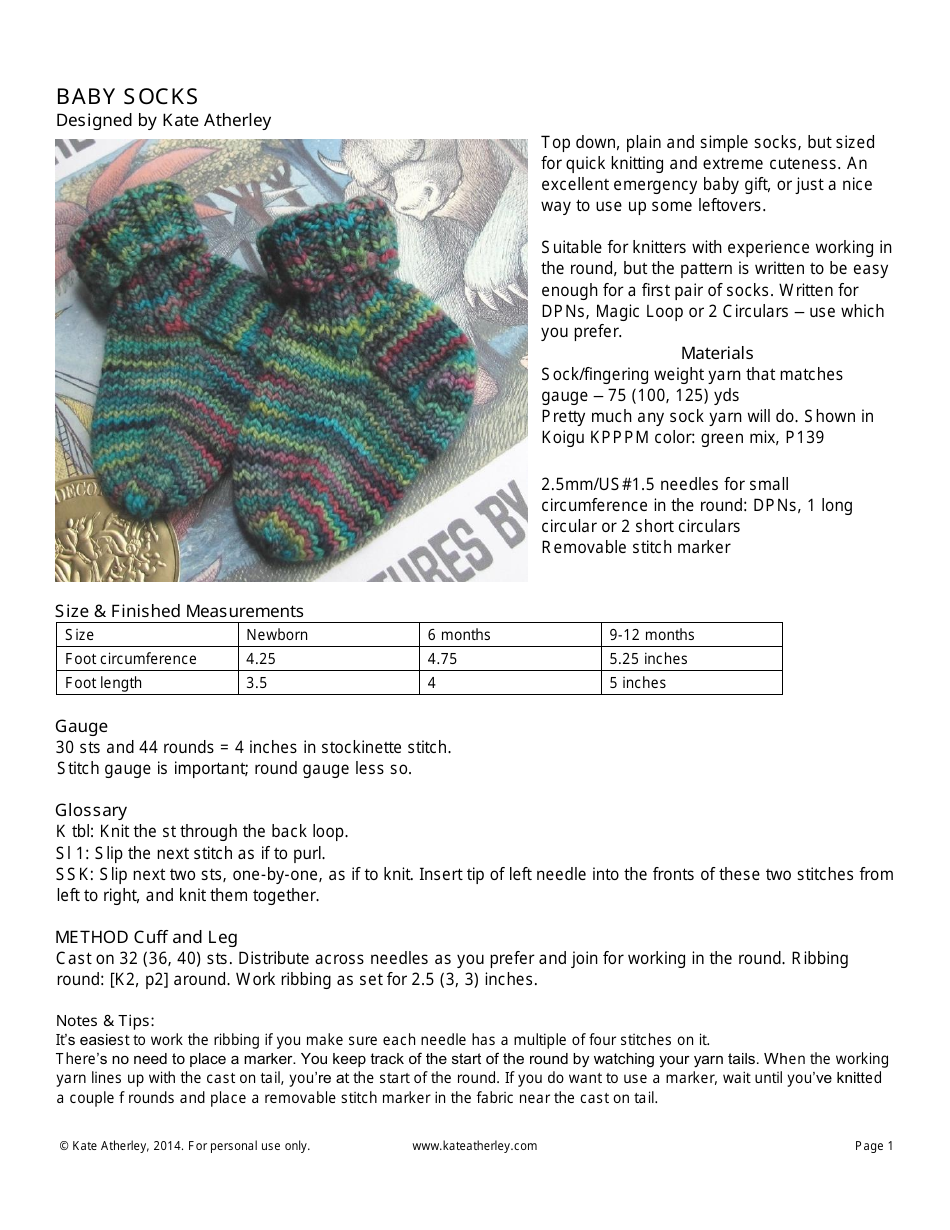 Baby Socks Knitting Pattern - Kate Atherley, Page 1