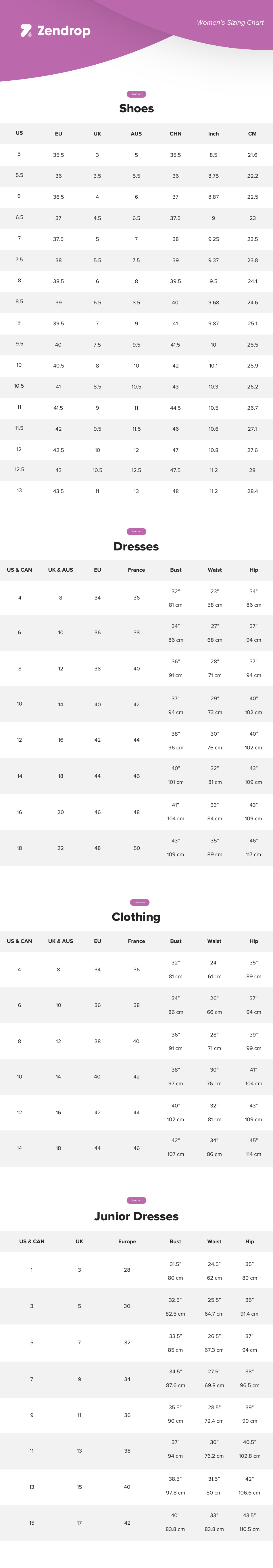 Womens Shoe and Clothing Sizing Chart, Page 1