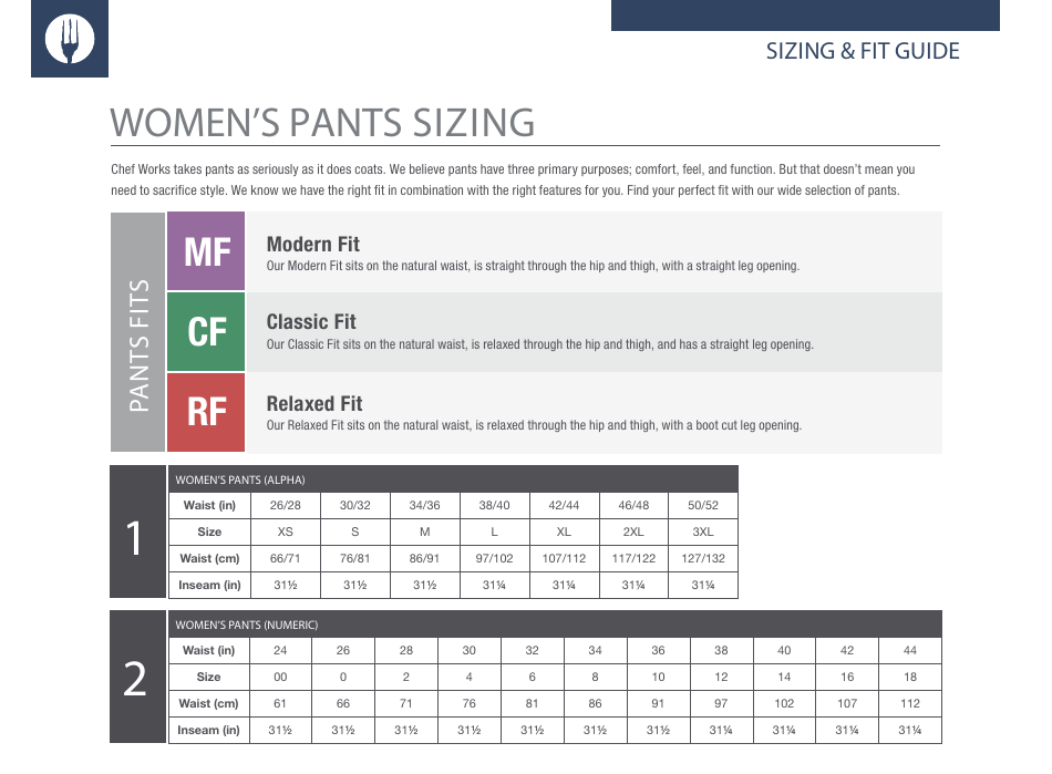 Womens Pants Sizing Chart, Page 1