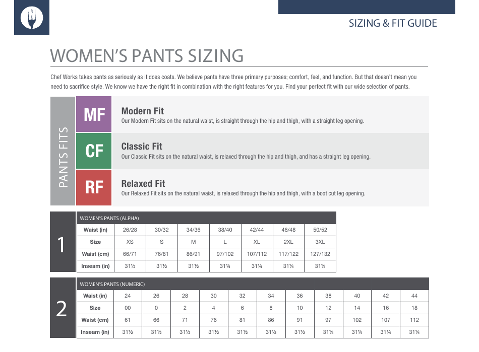 Women's Pants Sizing Chart Download Printable PDF | Templateroller