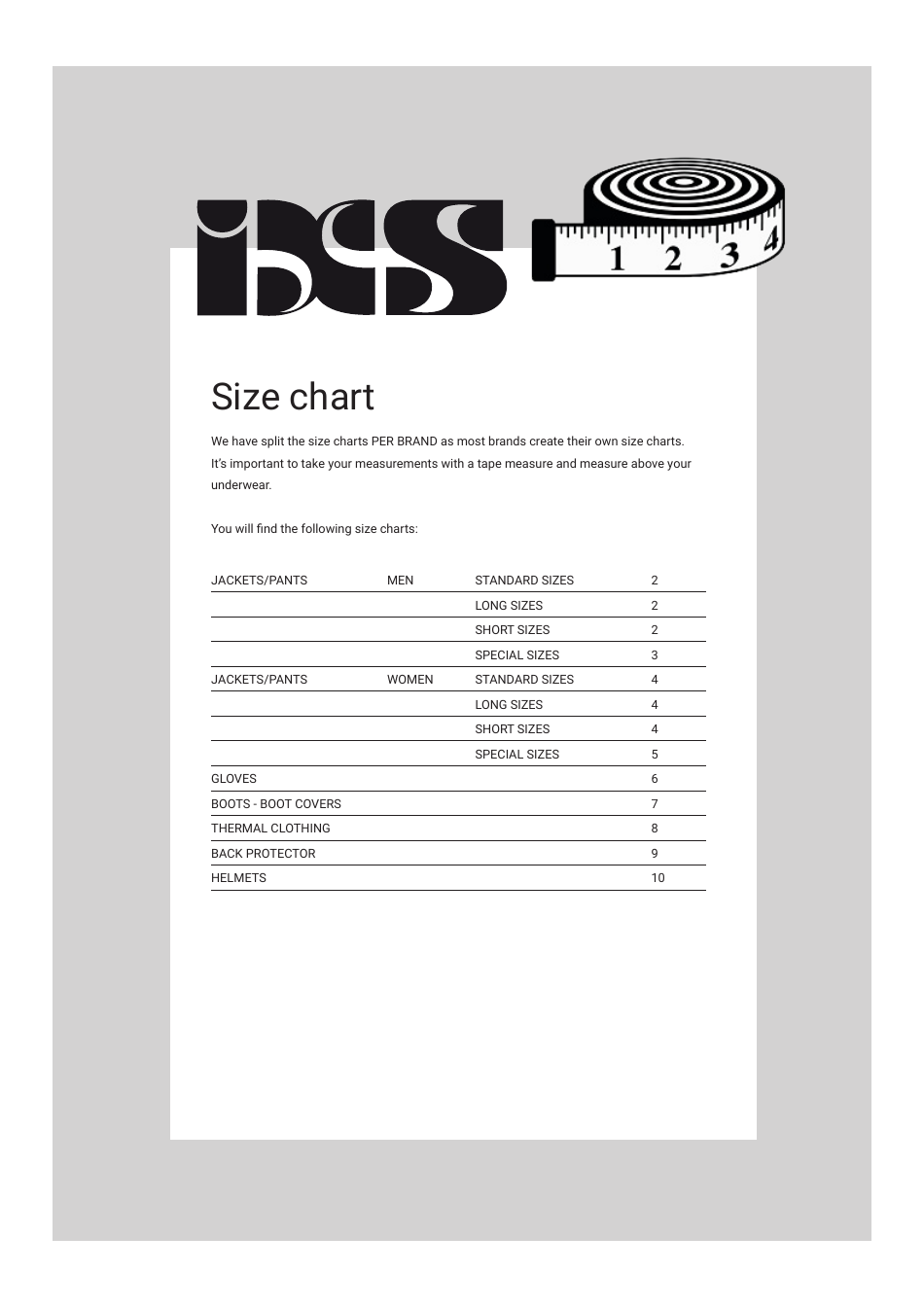 Size Chart - Bcs, Page 1