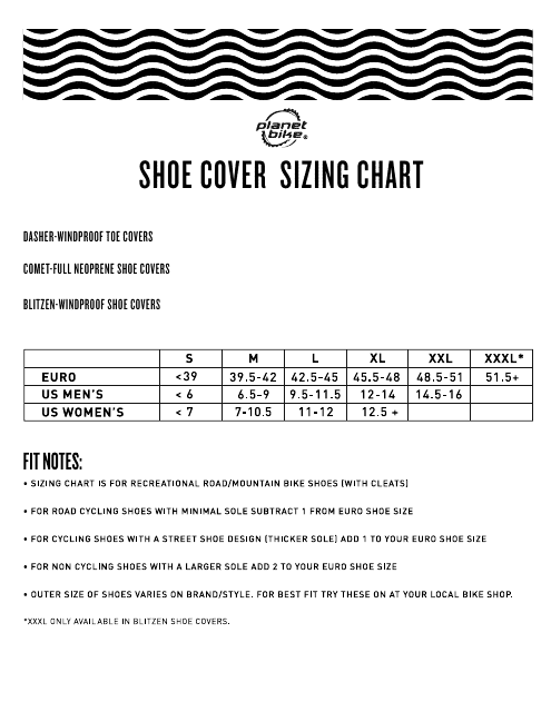 Bike Shoe Cover Sizing Chart - Planet Bike Download Pdf