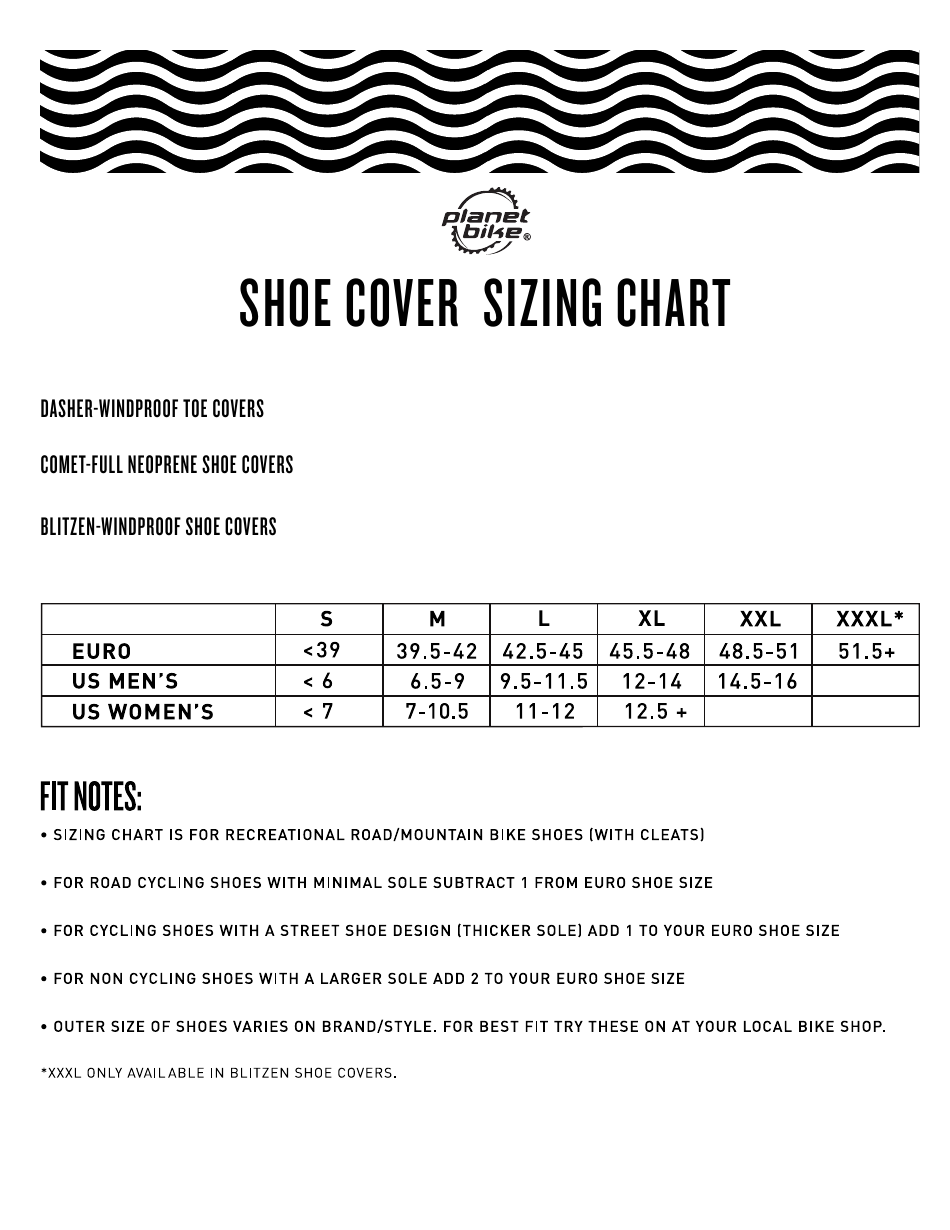 Bike Shoe Cover Sizing Chart - Planet Bike, Page 1