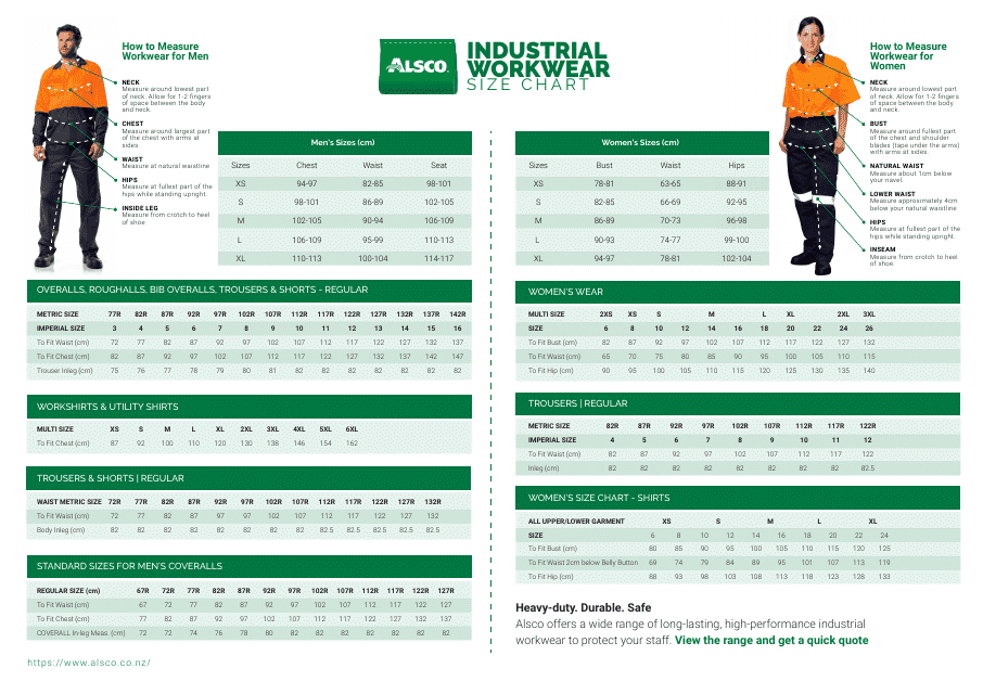Industrial Workwear Size Chart - Alsco
