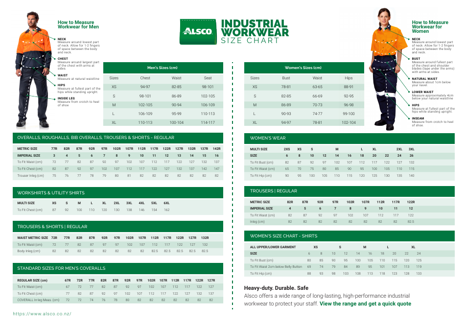 Industrial Workwear Size Chart - Alsco, Page 1