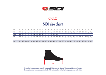 Document preview: Bike Shoes Size Chart - Sidi (English/Italian)