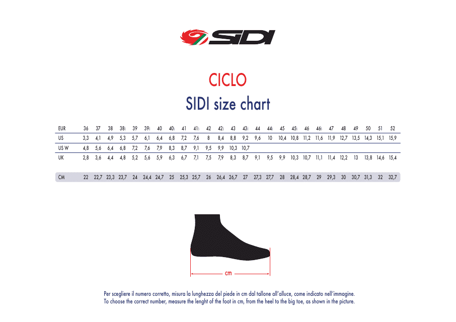 Bike Shoes Size Chart - Sidi (English/Italian)