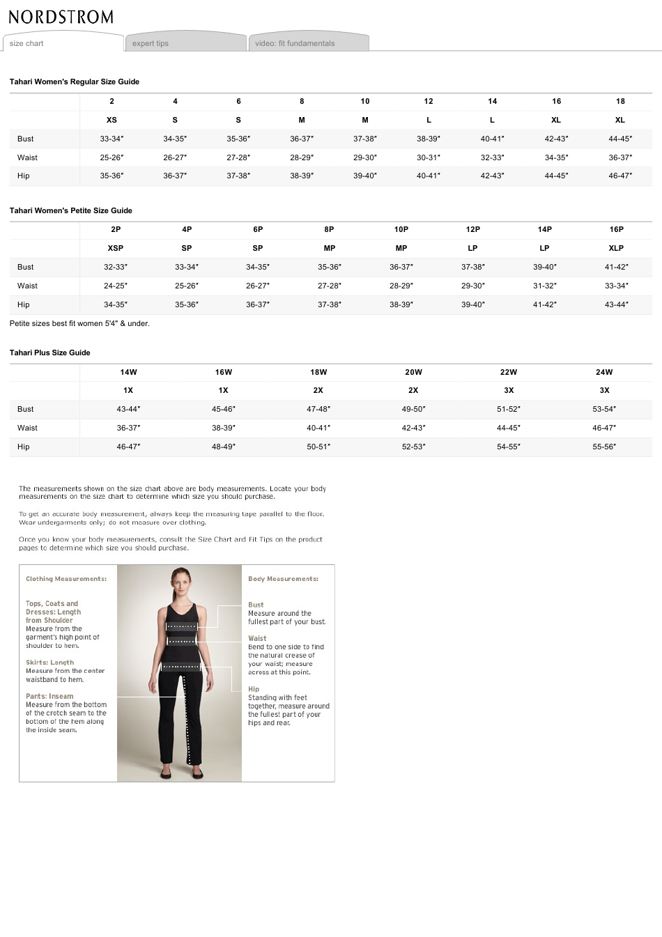 Women's Size Chart - Tahari Download Printable PDF | Templateroller