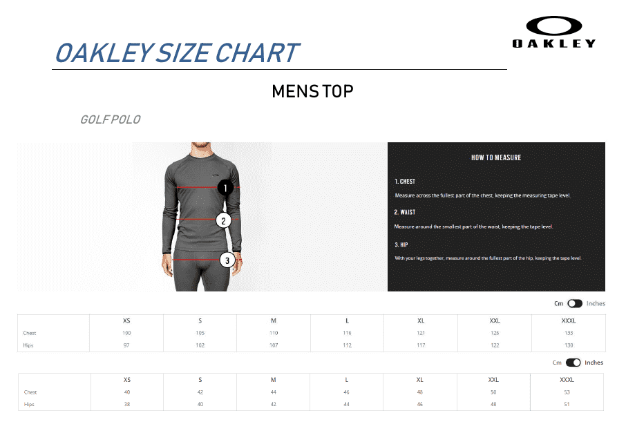Clothes and Accessories Size Chart - Oakley