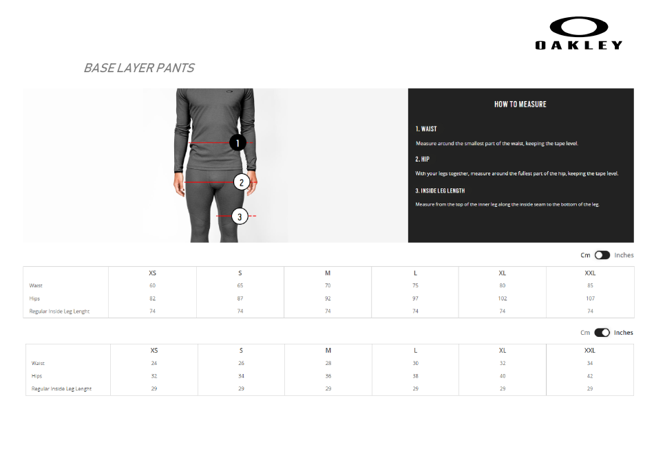 Clothes and Accessories Size Chart - Oakley, Page 11