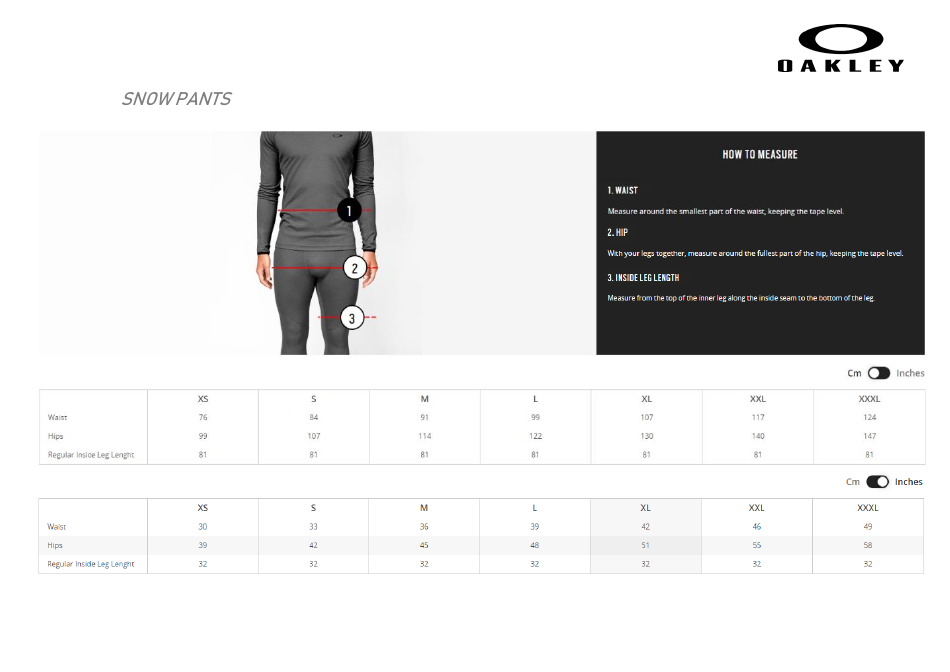 Clothes and Accessories Size Chart - Oakley, Page 13