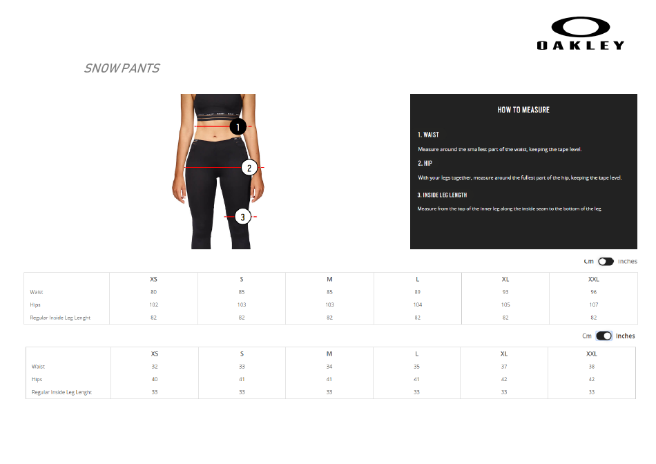 Clothes and Accessories Size Chart - Oakley, Page 18
