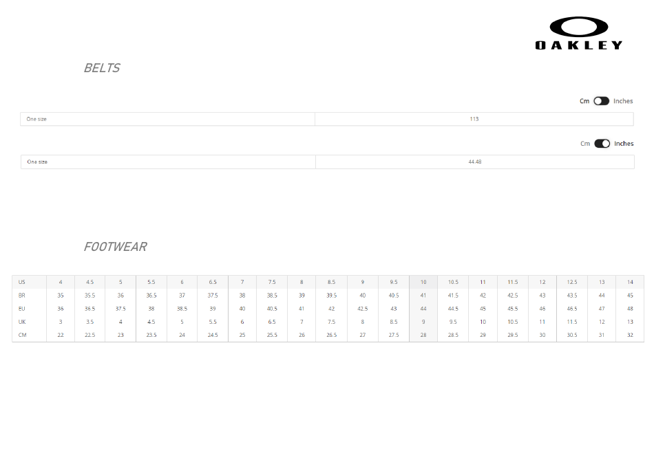 Clothes and Accessories Size Chart - Oakley, Page 20