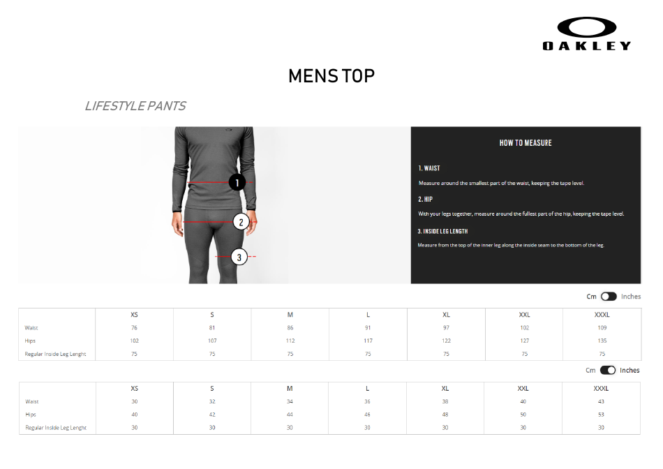 Clothes and Accessories Size Chart - Oakley, Page 9