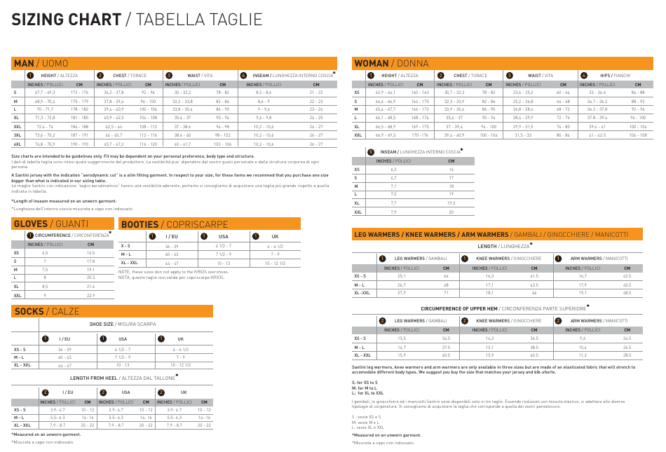 Cycling Wear Sizing Chart - Santini Download Printable PDF (English