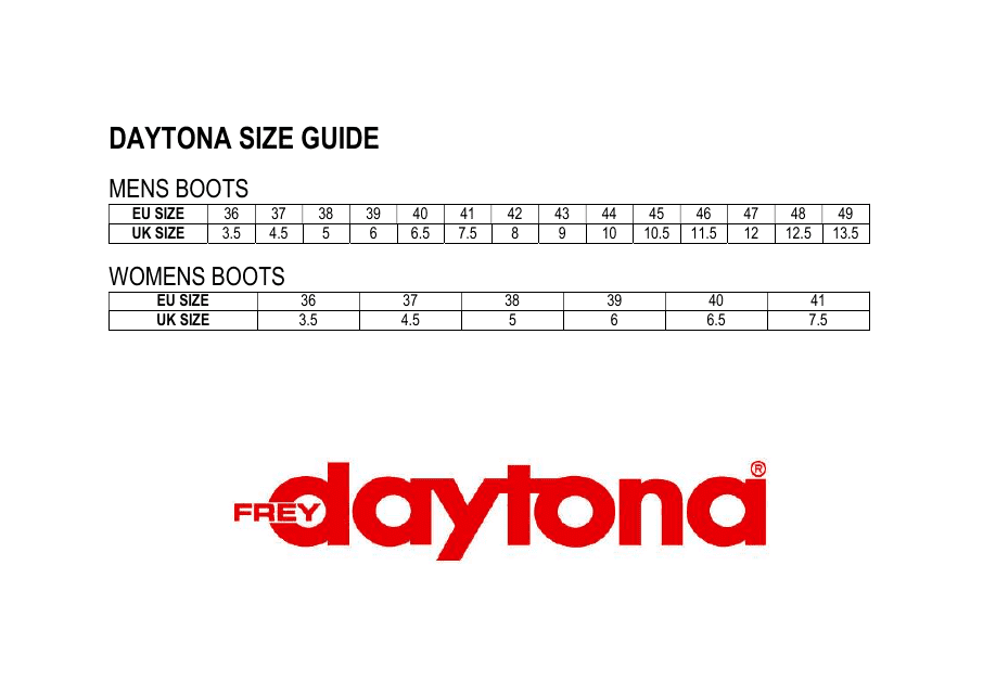 Boot Size Guide - Daytona