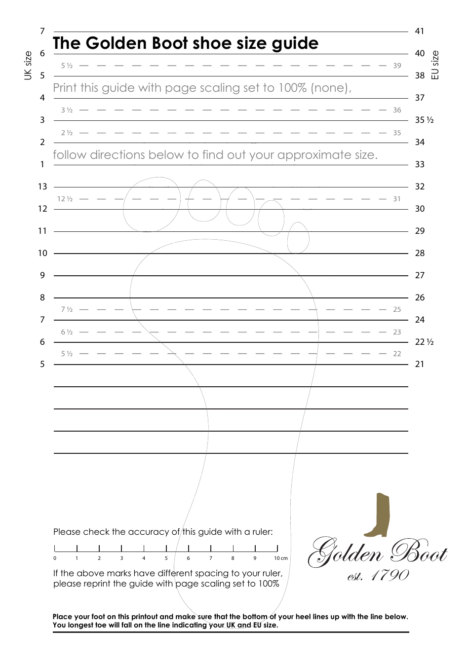 Shoe Size Measuring Chart - Golden Boots, Page 1