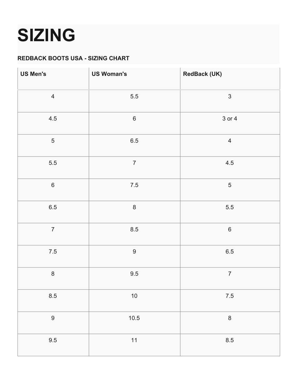 Shoe Size Chart - Redback Boots, Page 1