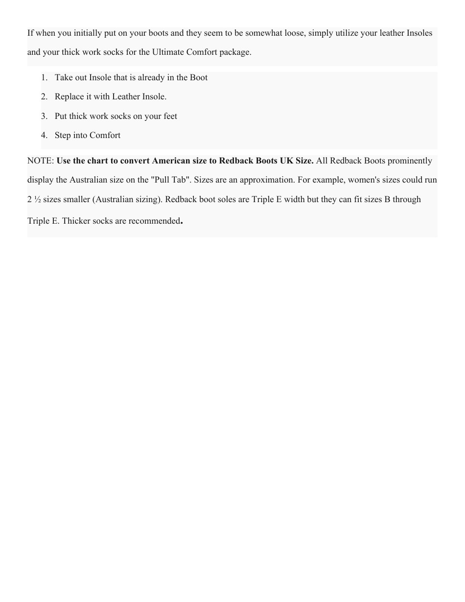 Shoe Size Chart - Redback Boots Download Printable PDF | Templateroller