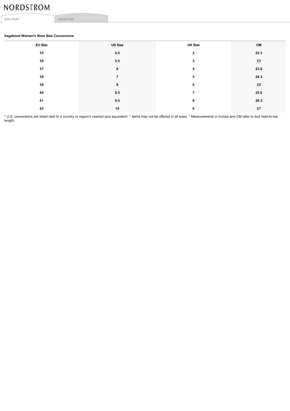 Women's Shoe Size Conversions Chart Vagabond Download Printable PDF